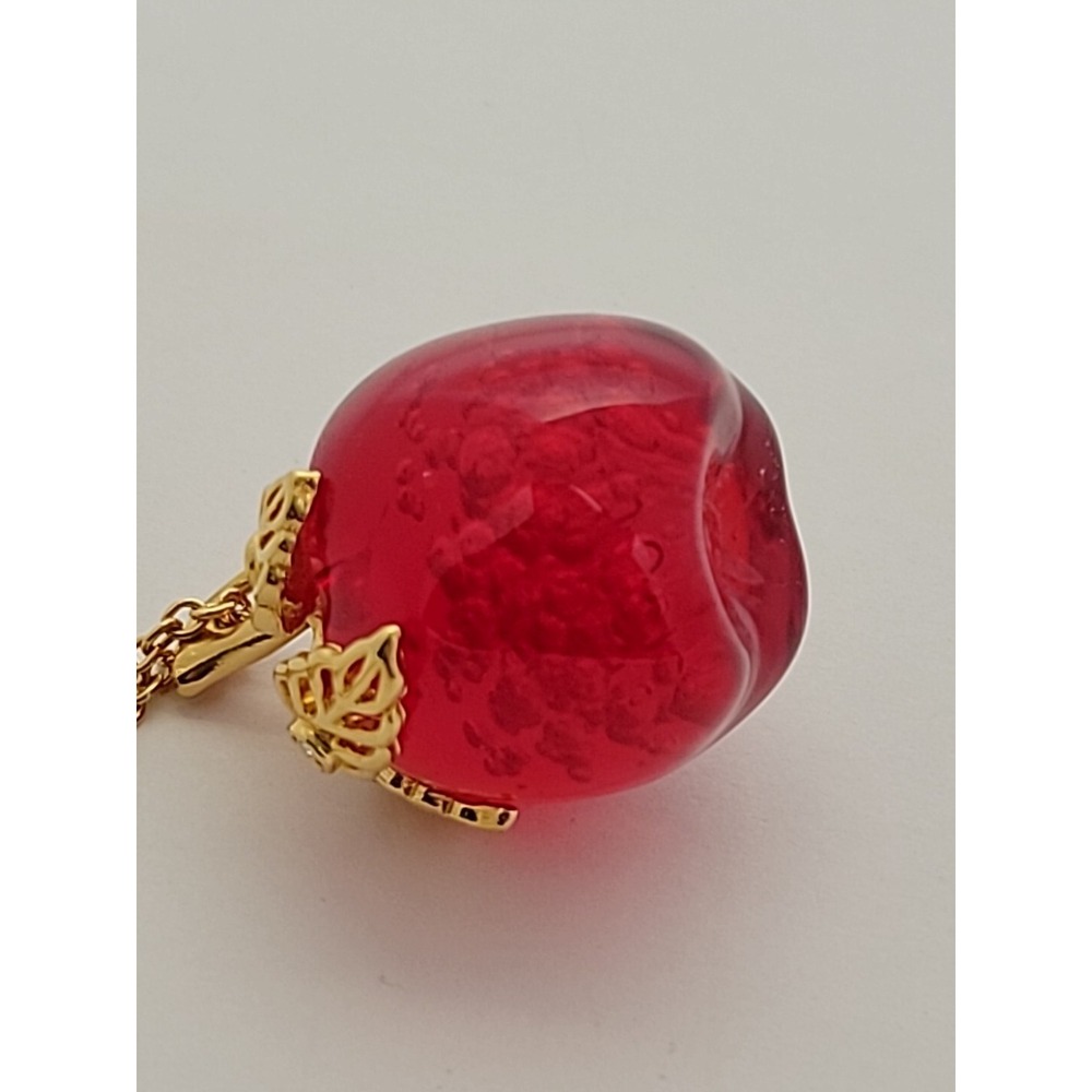 AVON Signed Lucite Candy Red Apple Necklace with Rhinestones 32" Gold Tone Chain - Picture 5 of 10